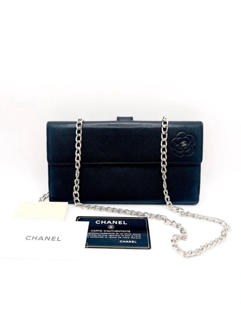 Authentic CHANEL CC Black Camellia Calfskin Leather Long Wallet W/ Serial Card